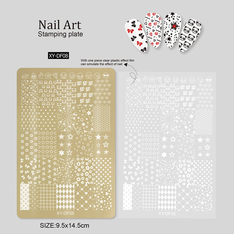 Nail art stamping plate with design examples on a gray background