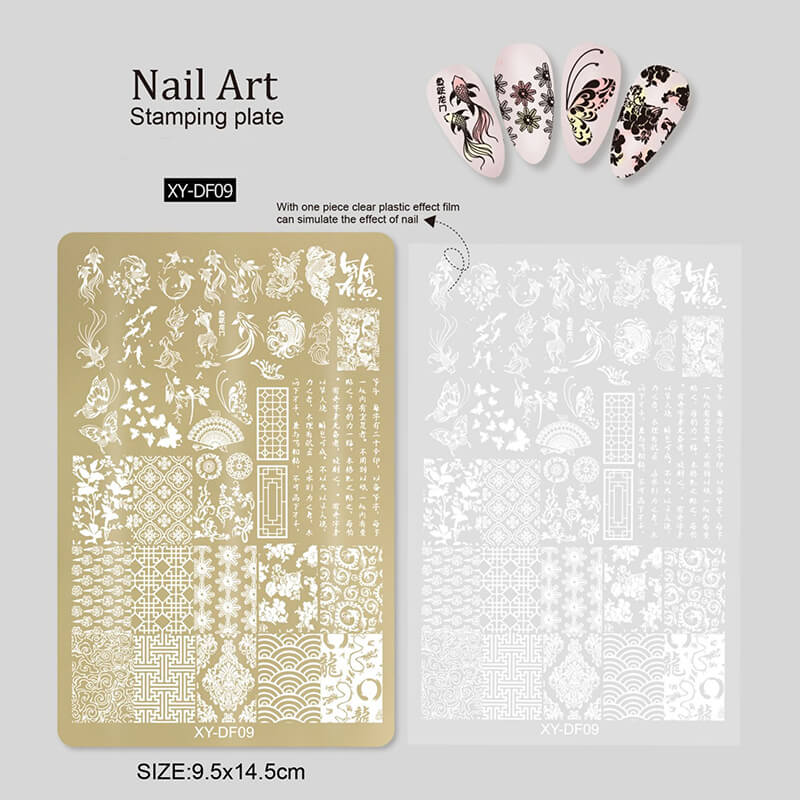 Nail stamping plate featuring multiple designs—flowers, liner patterns, geometric shapes, and bowknots.