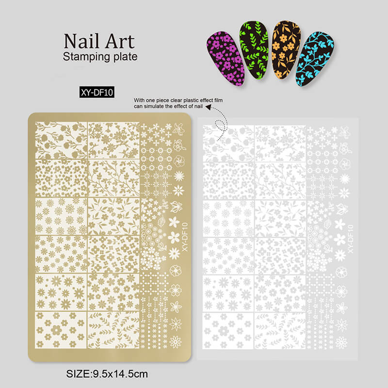 Nail stamping plate featuring multiple designs—flowers, liner patterns, geometric shapes, and bowknots.