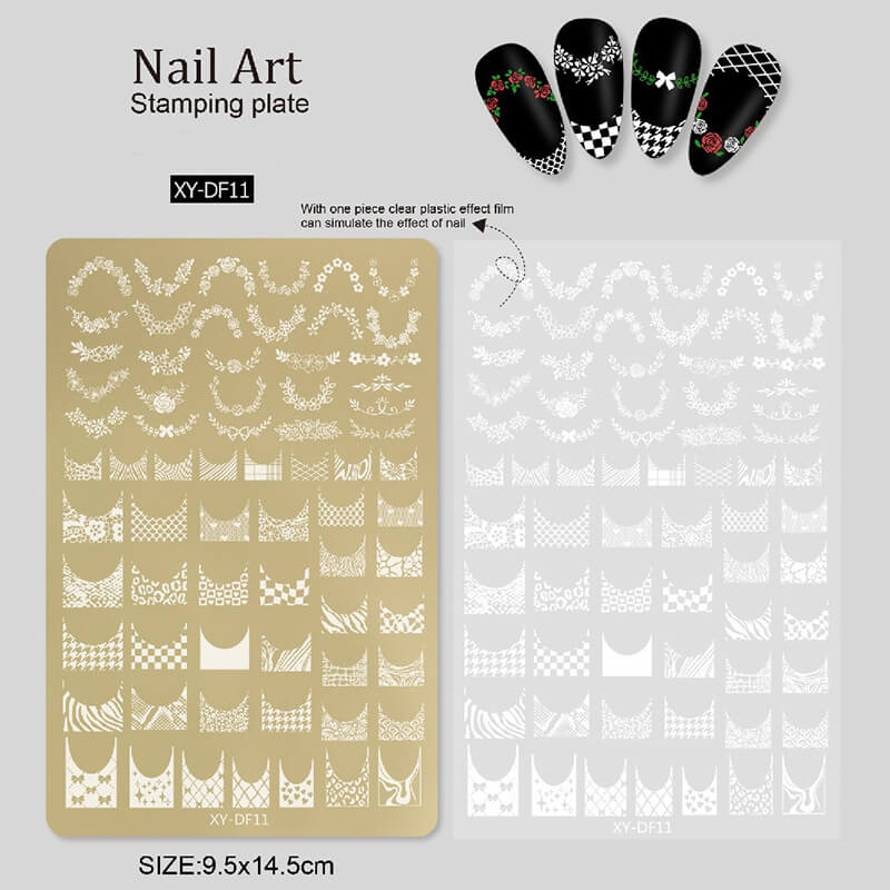 Nail stamping plate featuring multiple designs—french, liner patterns, geometric shapes, and bowknots.