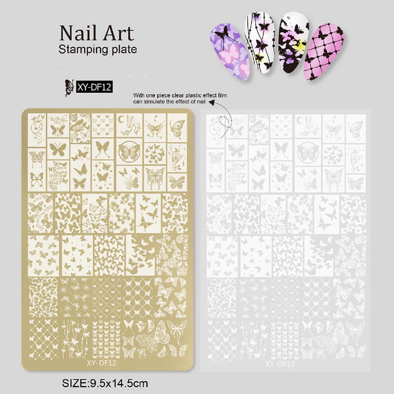 Nail stamping plate featuring multiple designs—flowers, liner patterns, butterflies, and bowknots.