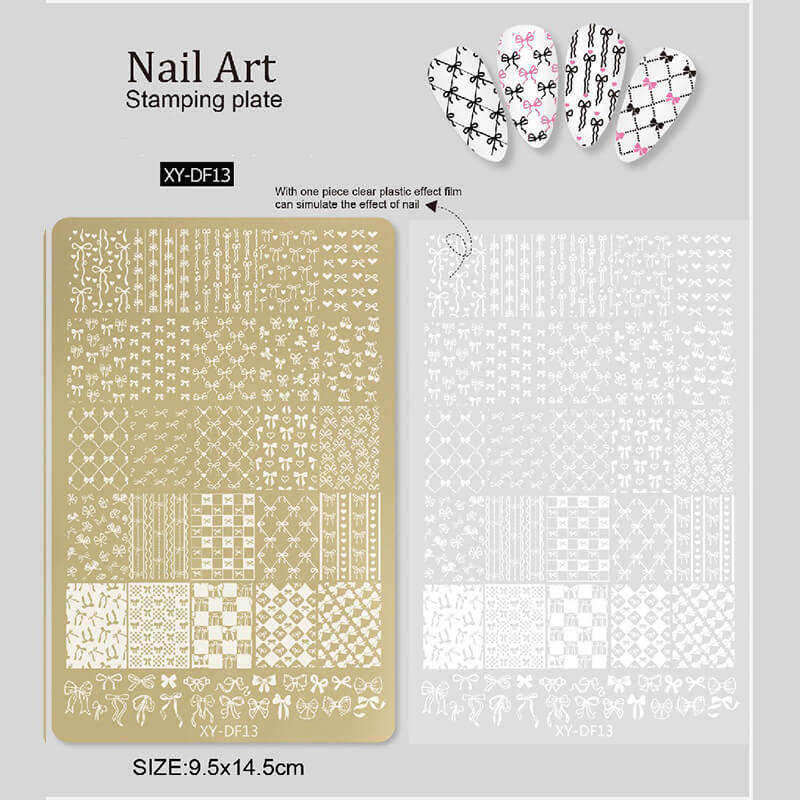 Nail stamping plate featuring multiple designs—flowers, liner patterns, geometric shapes, and bowknots.