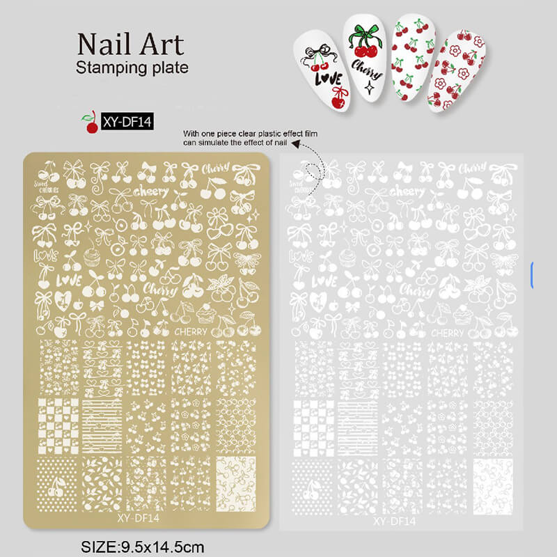 Nail stamping plate featuring multiple designs—flowers, liner patterns, geometric shapes, and bowknots.
