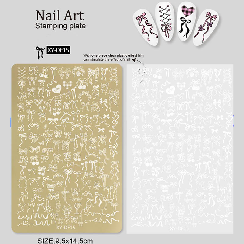 Nail stamping plate featuring multiple designs—flowers, liner patterns, geometric shapes, and bowknots.