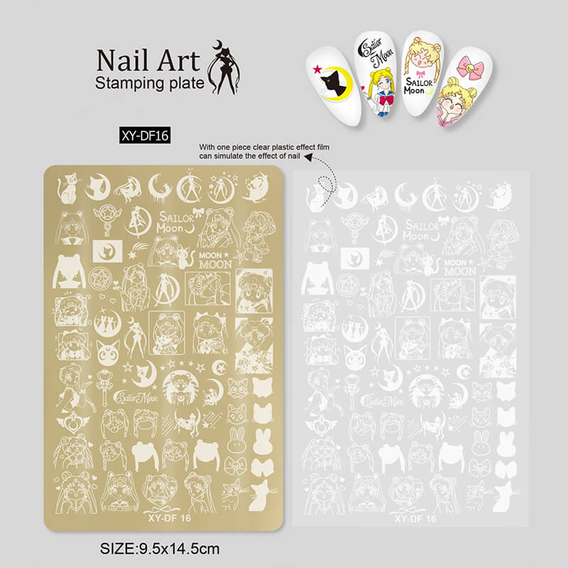Nail stamping plate featuring multiple designs—moon, liner patterns, geometric shapes, and bowknots.