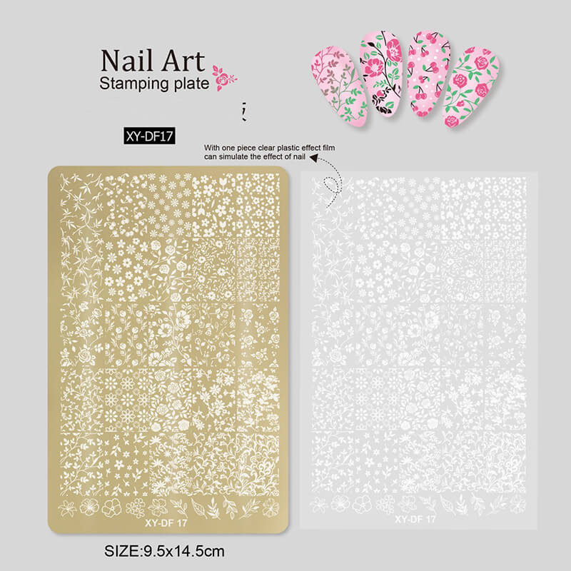 Nail stamping plate featuring multiple designs—flowers, leaves, geometric shapes, and bowknots.