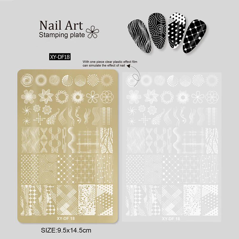 Nail stamping plate featuring multiple designs—flowers, liner patterns, geometric shapes, and bowknots.