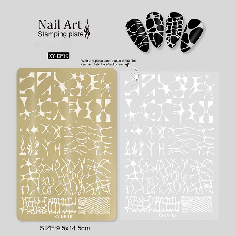 Nail stamping plate featuring multiple designs—flowers, liner patterns, geometric shapes, and bowknots.