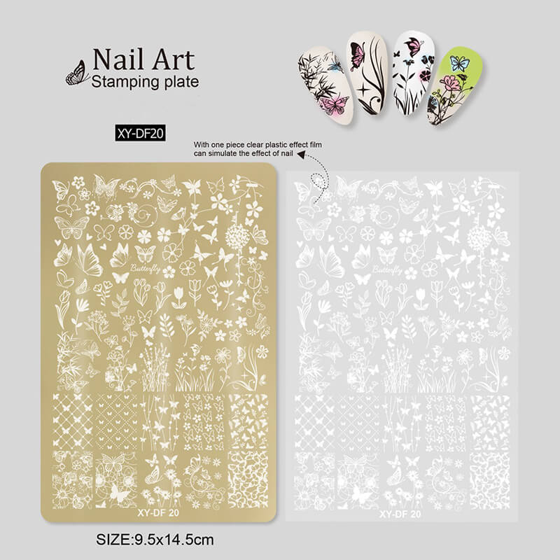 Nail stamping plate featuring multiple designs—flowers, liner patterns, geometric shapes, and butterflies