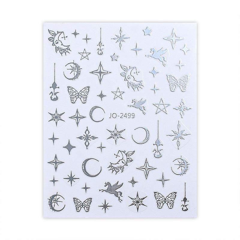 Silver Y2K nail art stickers sheet with bohemian butterfly, moon, and flame designs