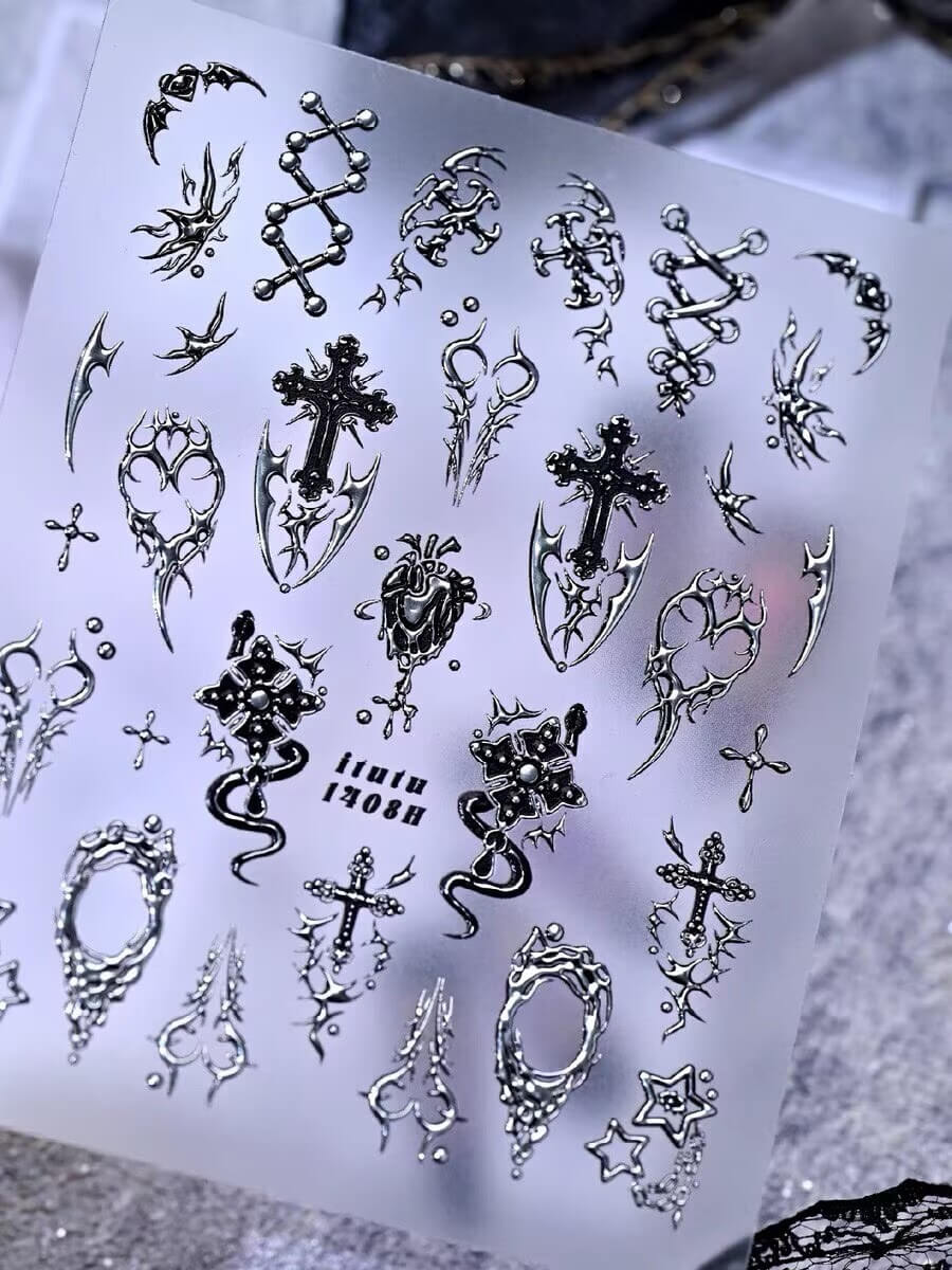 Gothic Nail Stickers – Thorn Heart, Cross & Snake Gold Silver Nail Decals