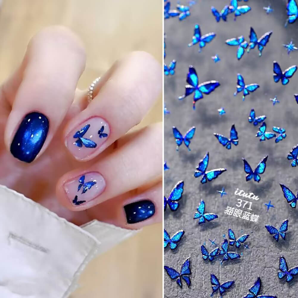 Hand model wearing blue green cat eye butterfly stickers on nude base"