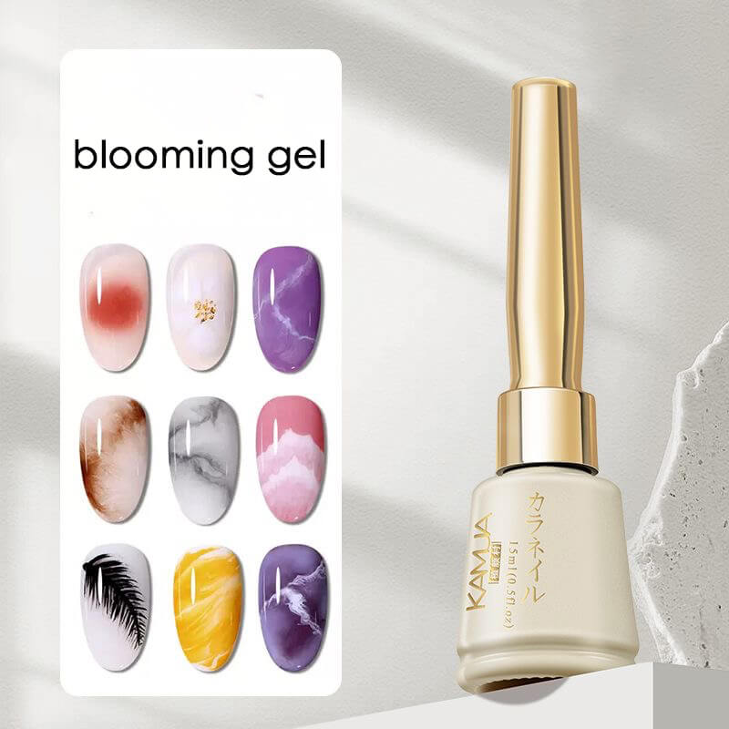 Watercolor blooming patterns on nails created with spreading gel technique