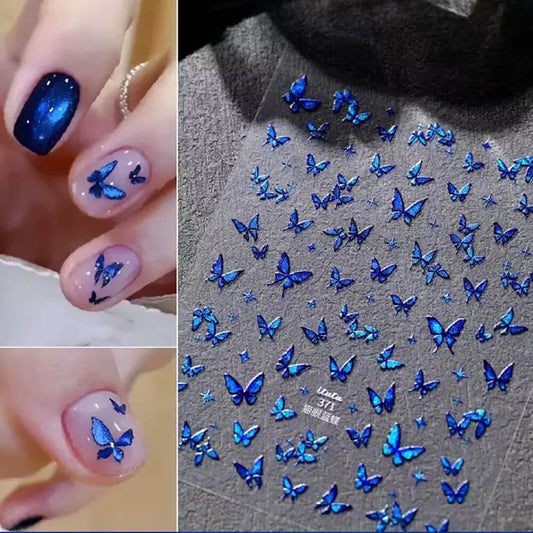 Blue cat eye butterfly nail stickers sheet with shimmering magnetic effect on each wing