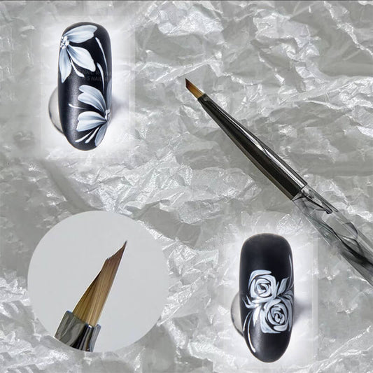 A set of images showing a nail art pen with a flower design, a close-up of the pen tip, and examples of nails painted with a floral design using the pen.