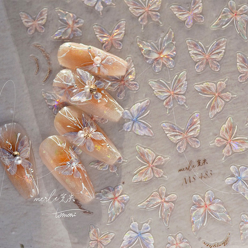Close-up of 3D laser butterfly sticker showing shimmering wing details