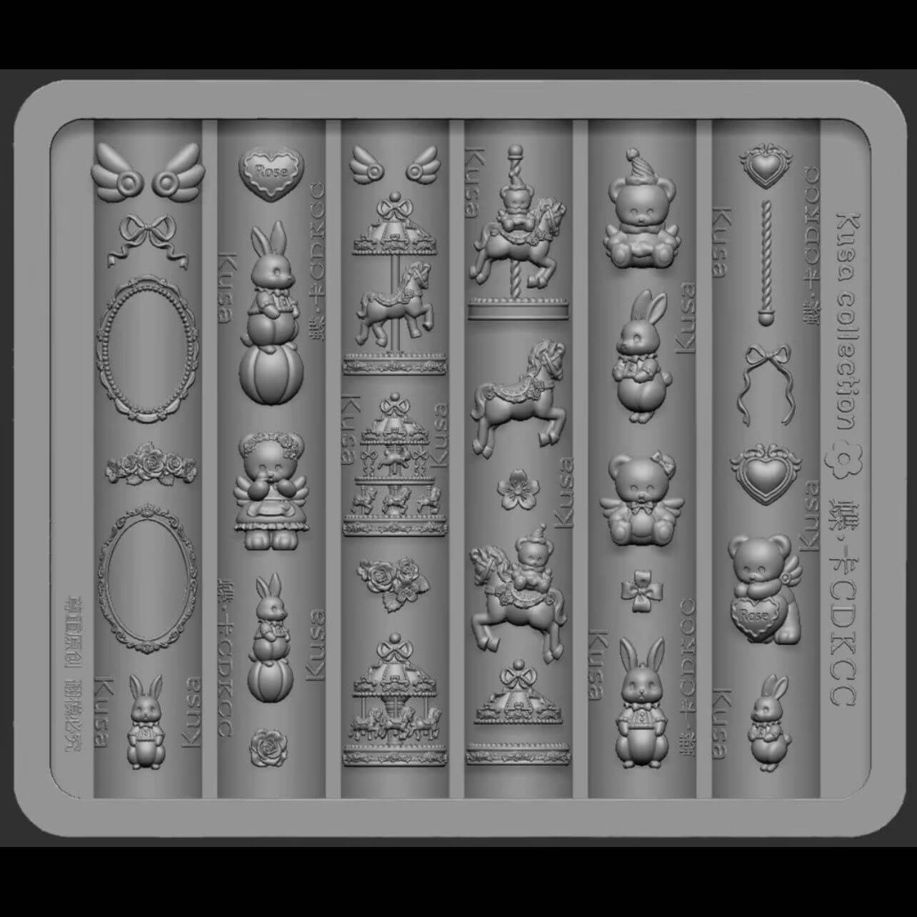 Fantasy nail mold with unicorn, rabbit and carousel elements for nail art
