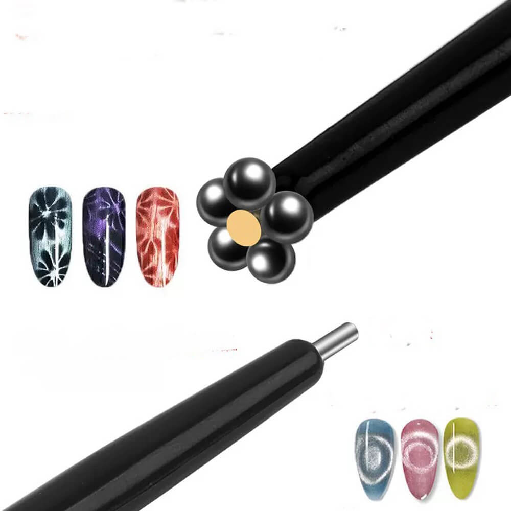 A multifunctional nail art cat eye magnet pen with various nail art designs shown beside it.