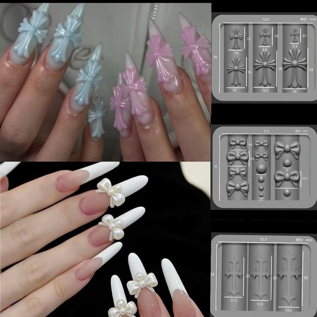 Collage of nail art designs with decorative elements and a nail art mold.