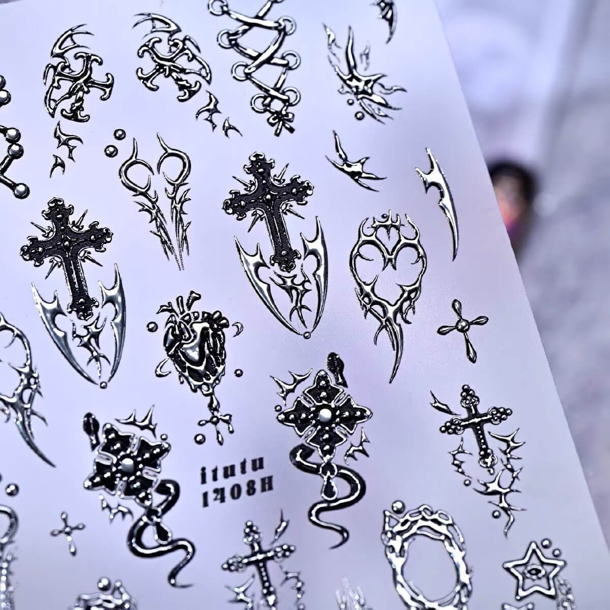 Gothic Nail Stickers – Thorn Heart, Cross & Snake Gold Silver Nail Decals