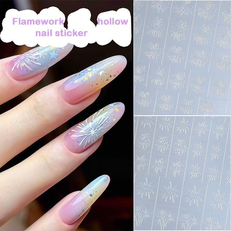 Nail stickers with floral design applied to nails, next to a sheet of the stickers.
