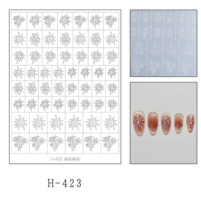 Nail art design sheet with flamework patterns and a sample of applied designs on nails.