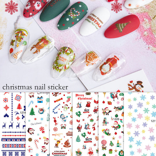 A set of Christmas-themed nail stickers with designs including Santa Claus, snowflakes, and festive patterns.