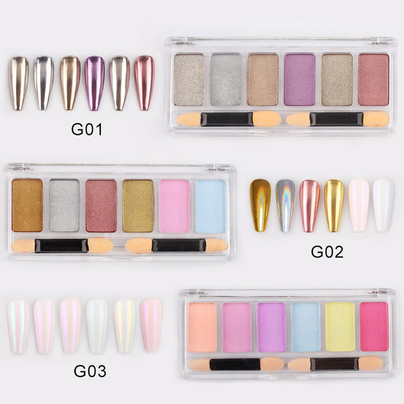6-grid chrome nail powder set – metallic pigment with aurora mirror effect for nail art