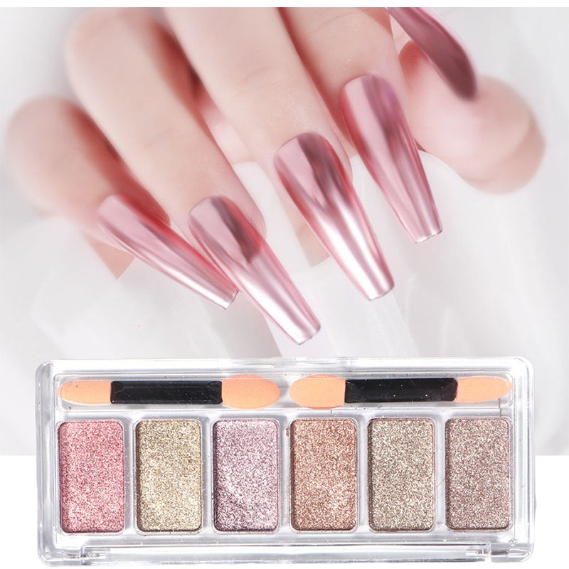 Aurora mirror effect nail powder set, 6 grids – create stunning chrome and holographic nails with a high-shine metallic finish