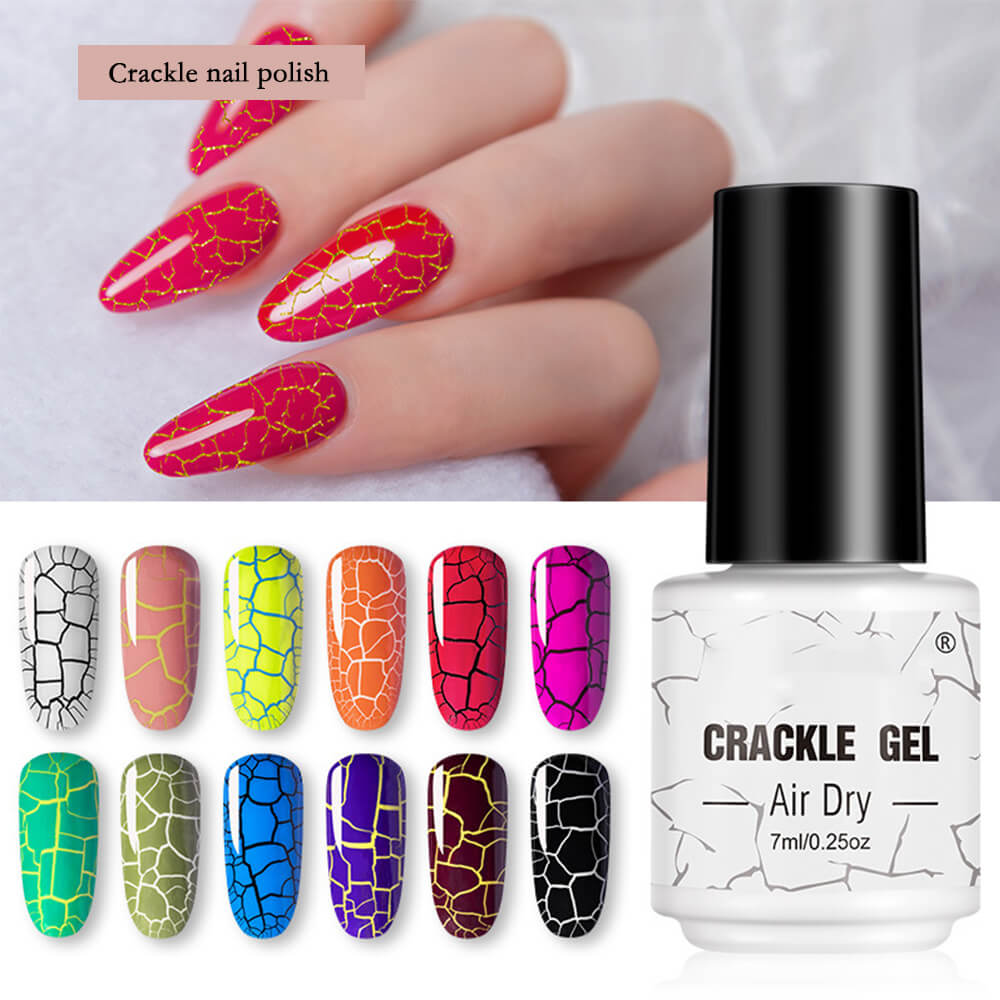 A collection of nail polish bottles and sample nails showing the crackle effect of the polish. The bottle label reads 'CRACKLE GEL AIR DRY' with a volume of 7ml.