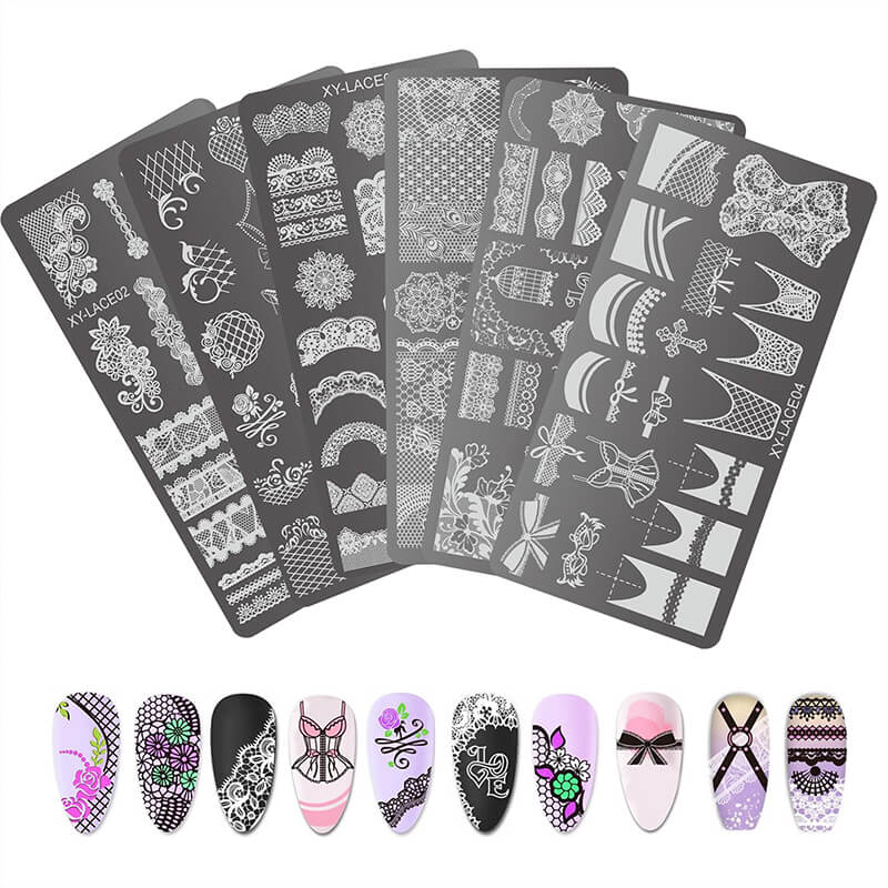 Set of nail art stencils with various lace designs and a display of nail art designs below.