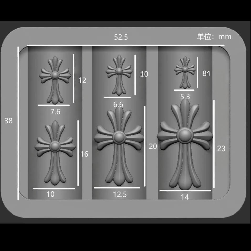 Mold with decorative cross designs and measurements in millimeters