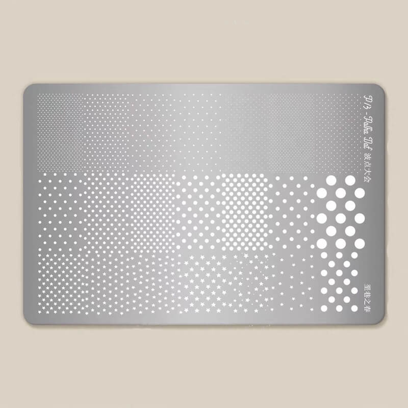 Polka dot nail stamping plate with multiple dot sizes arranged in rows.