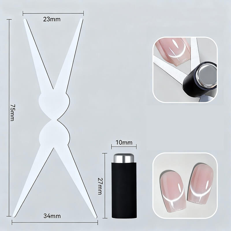 Nail art tool with measurements and nail samples on a gray background