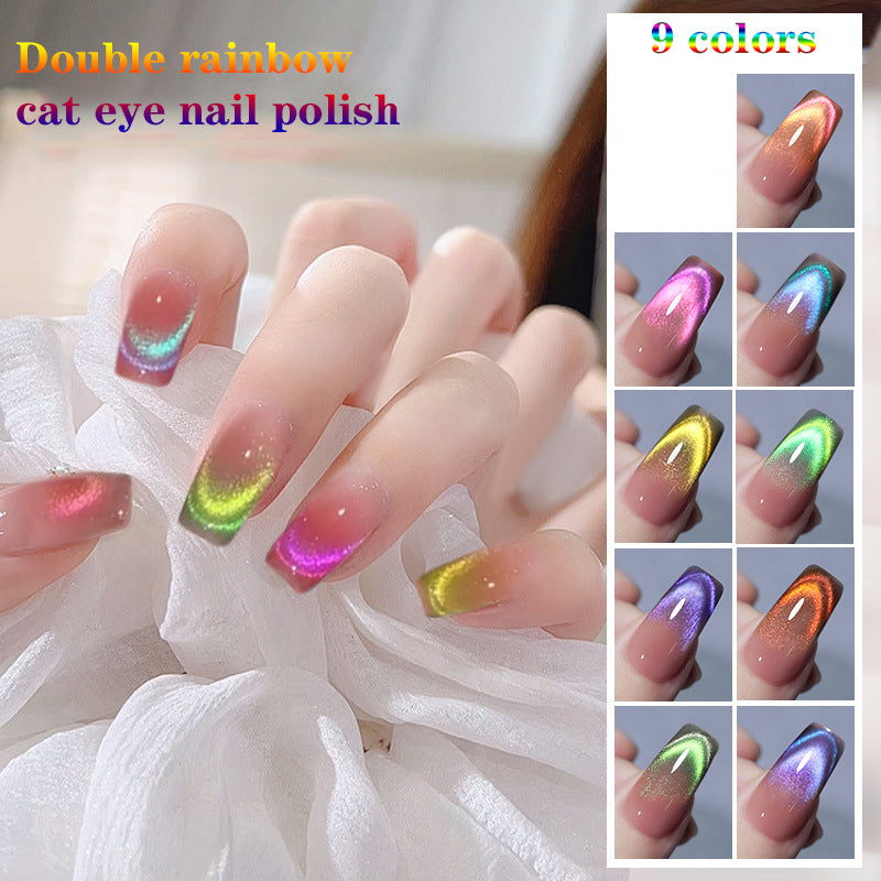 A collection of nail polish colors with a double rainbow effect, including a range of shades from pink to purple and gold to silver.