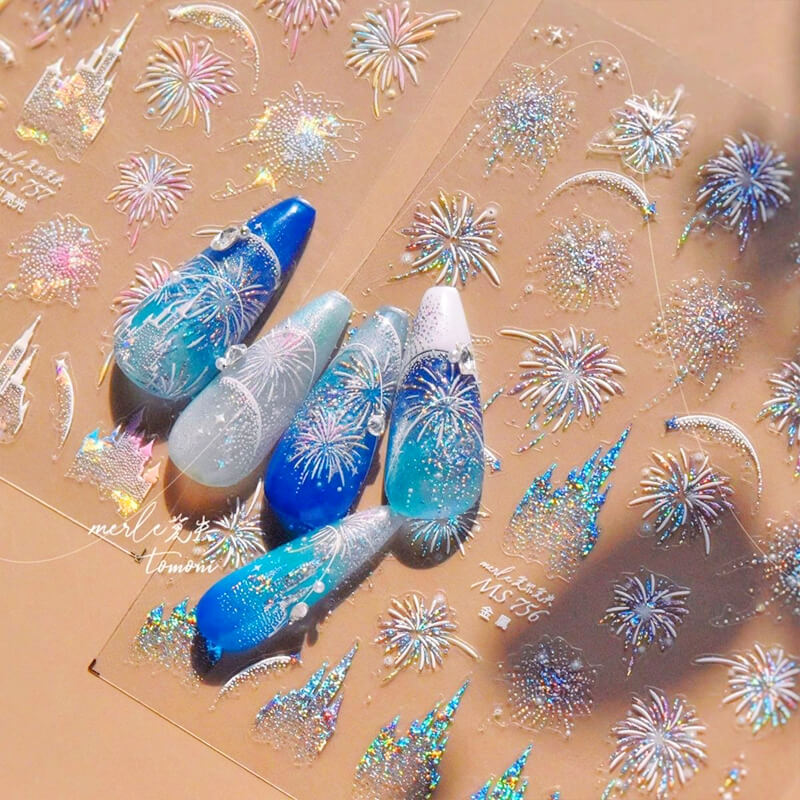 New dream castle fireworks nail art stickers sheet with castle silhouettes and sparkling fireworks