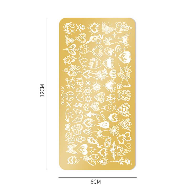 Nail stamping plate featuring plaid, butterfly, comic, French tip and animal patterns
