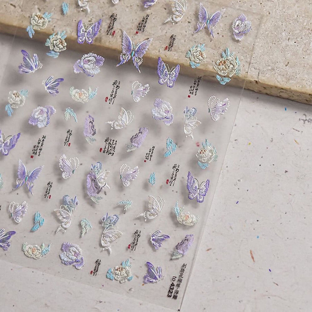 3D embroidered butterfly floral nail stickers sheet with raised thread-like textured designs