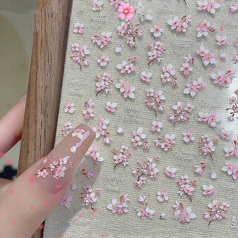Spring floral pink cherry blossom nail art stickers sheet with delicate sakura designs