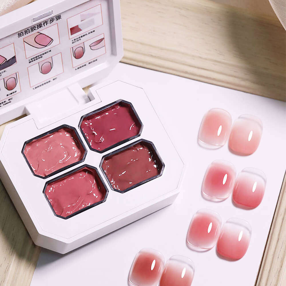 Swatch of all four red shades on nail tips showing opacity and finish