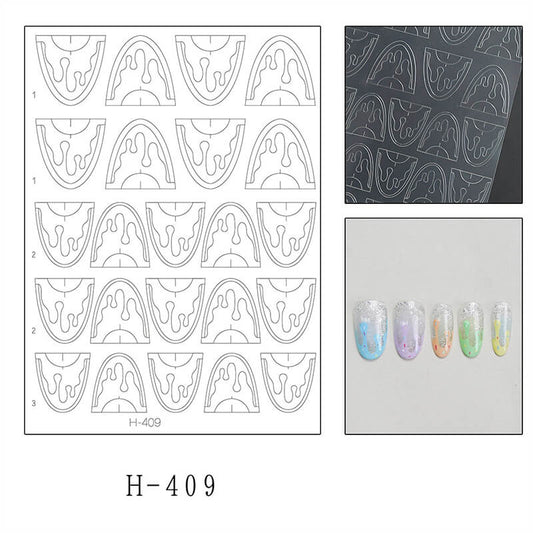 Nail art design sheet with patterns and a close-up of applied designs on nails.