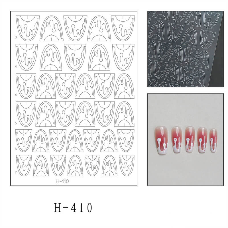 Nail art design sheet with patterns, close-up of pattern, and nail samples.