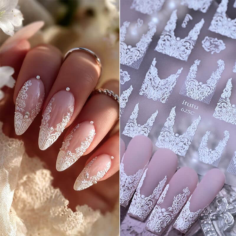 Vintage lace French tip nail stickers for elegant manicure designs