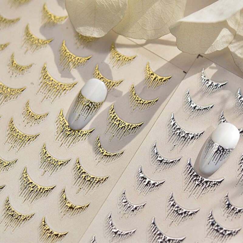 Shiny silver gliding French tassel nail art sticker sheet with flowing fringe designs