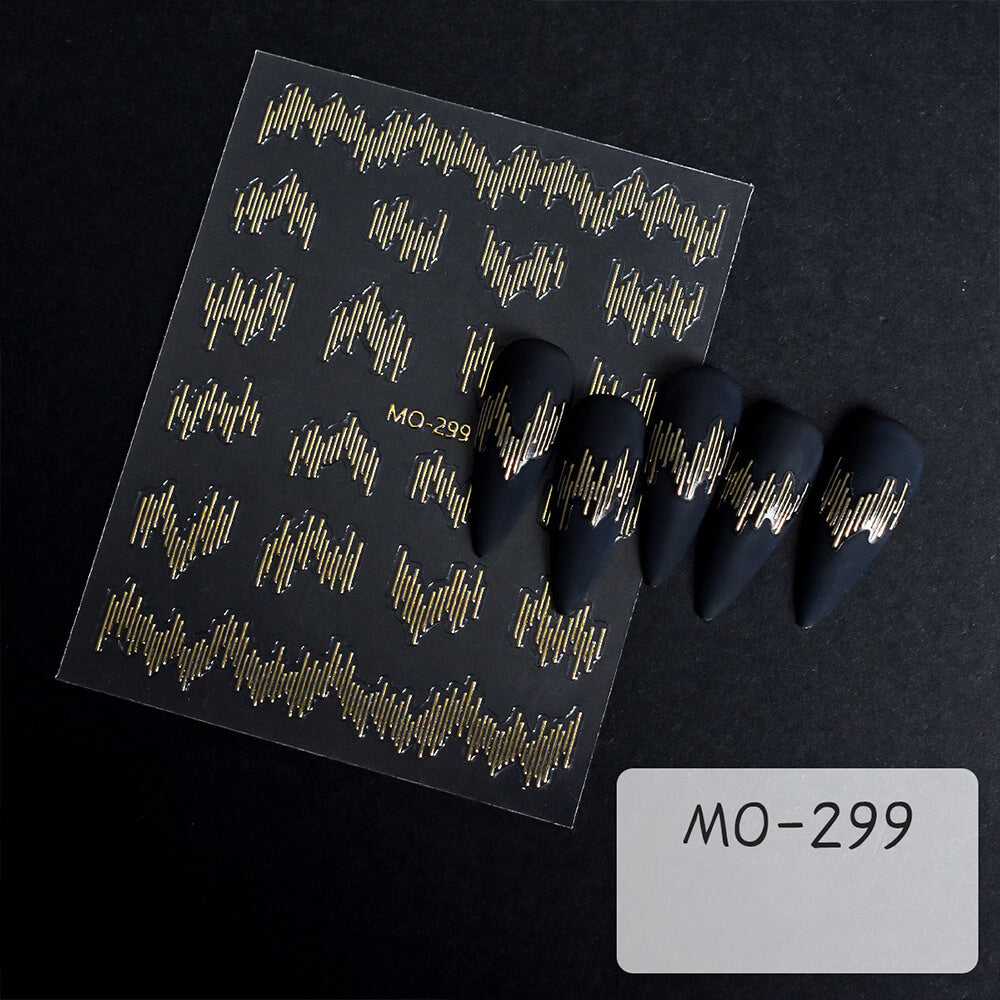 Reflective wire print nail art stickers sheet with metallic geometric and line designs
