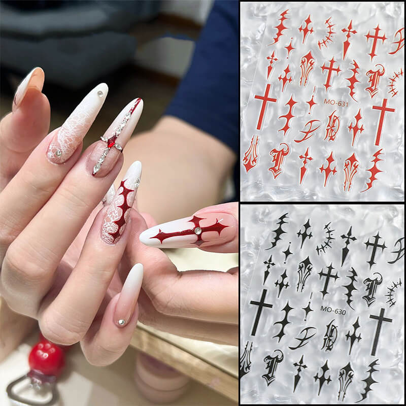 Close-up of Gothic cross nail stickers in black and red with clean bold lines