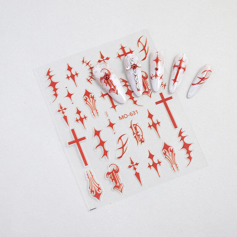 Gothic black and red cross nail stickers sheet featuring cool chrome heart decals alongside crosses.