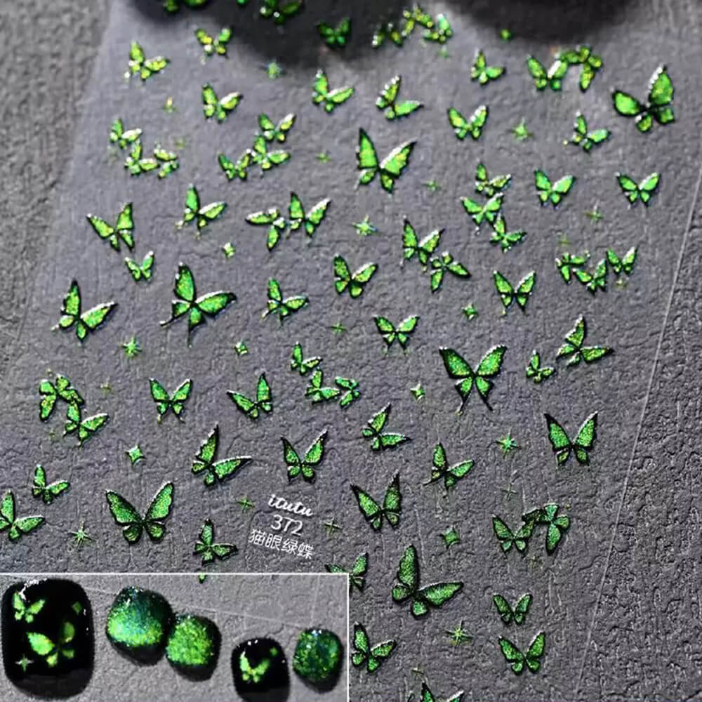 green Butterfly nail stickers catching light showing magnetic shift from blue to green