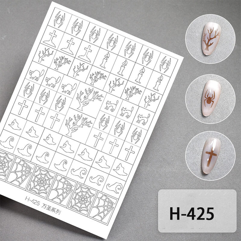 Nail art design sheet with halloween patterns and a sample of applied designs on nails.