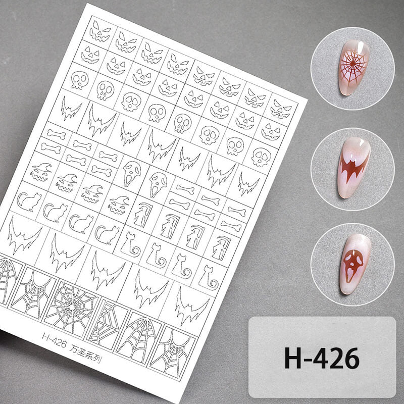 Nail art design sheet with halloween patterns and a sample of applied designs on nails.